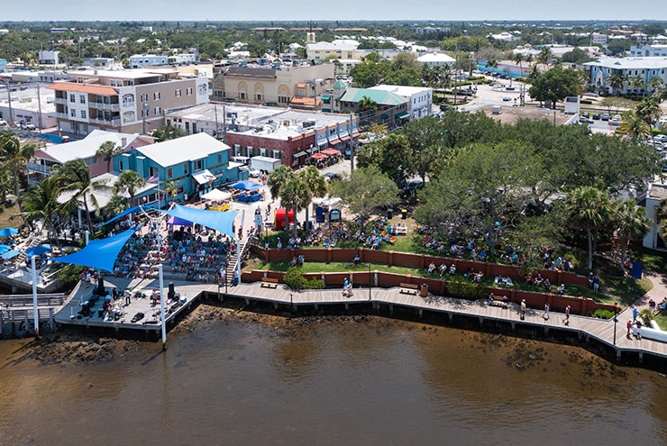 aerial of Rockn Riverwalk in downtown stuart - a martin county event