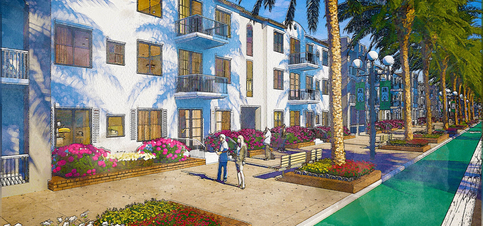 Flower lined Village Street at Storie FL