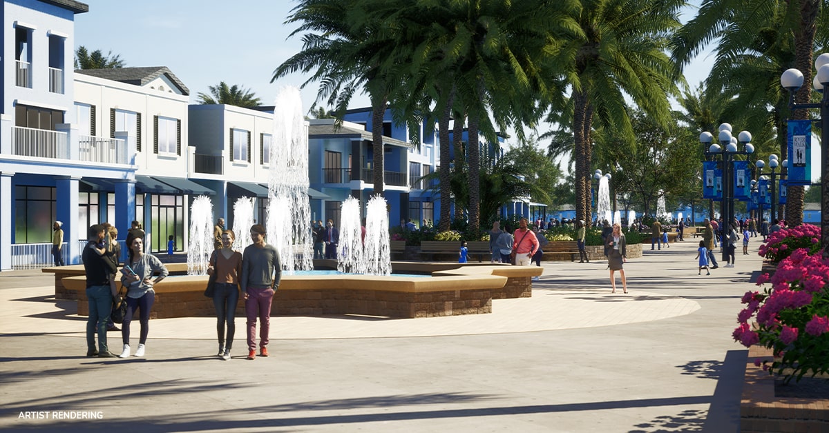rendering of new community concept at storie with fountain