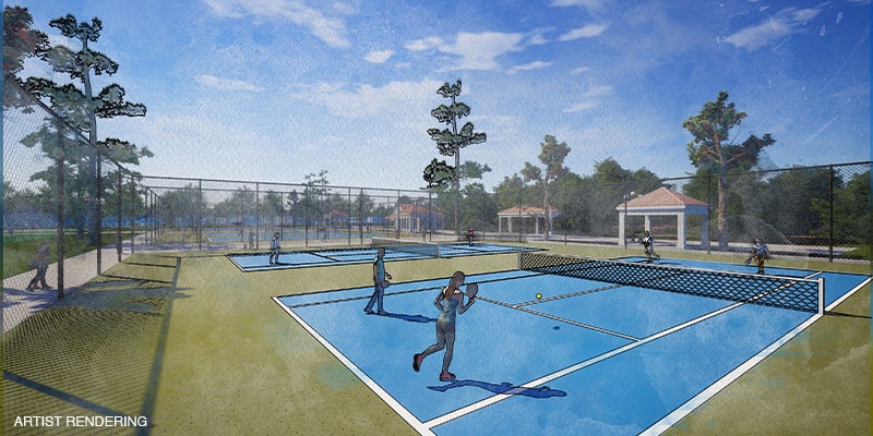 rendering of gathering space, tennis courts